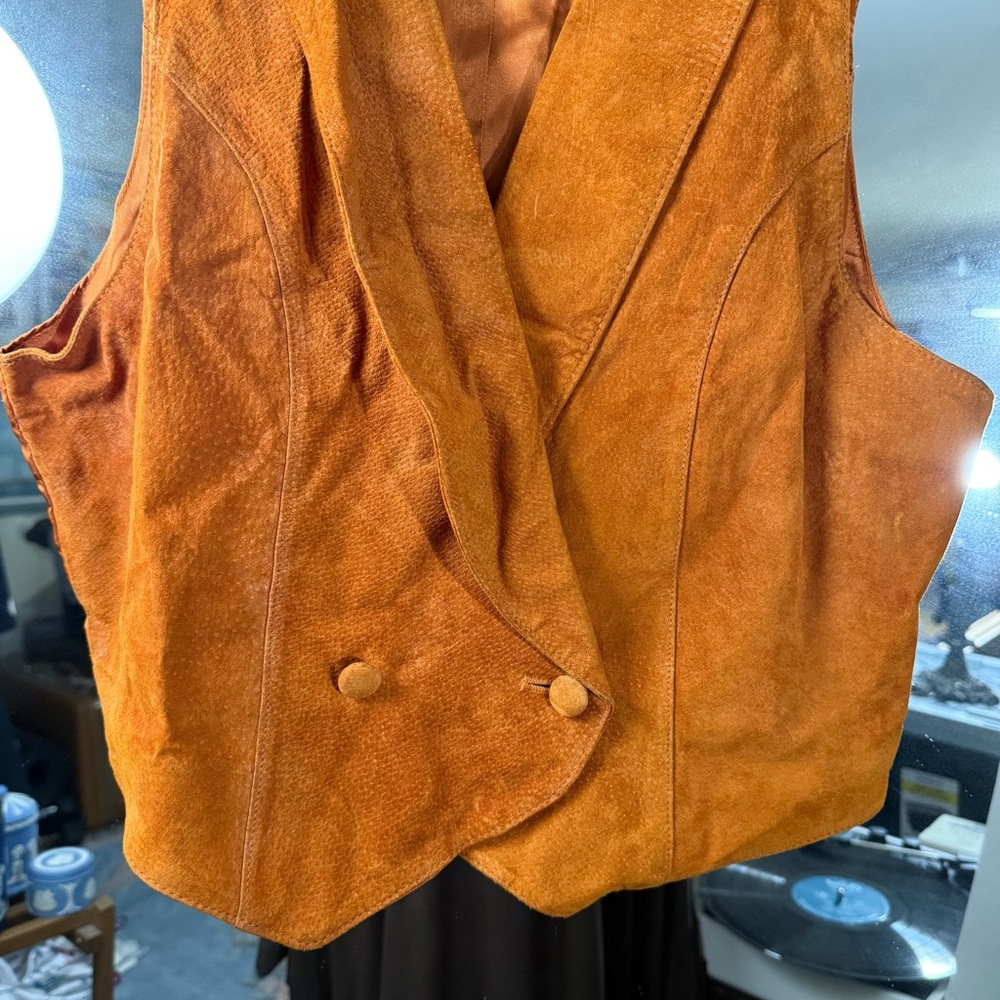 Vintage Orange Pig Suede Vest Silky Western Boho Leather Sleeveless - Picture 6 of 7